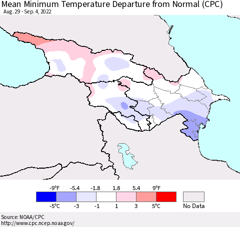 Azerbaijan, Armenia and Georgia Mean Minimum Temperature Departure from Normal (CPC) Thematic Map For 8/29/2022 - 9/4/2022