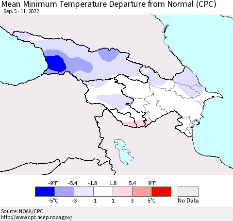 Azerbaijan, Armenia and Georgia Mean Minimum Temperature Departure from Normal (CPC) Thematic Map For 9/5/2022 - 9/11/2022