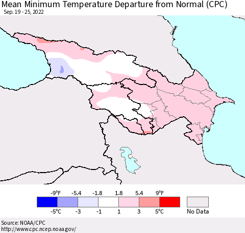 Azerbaijan, Armenia and Georgia Mean Minimum Temperature Departure from Normal (CPC) Thematic Map For 9/19/2022 - 9/25/2022