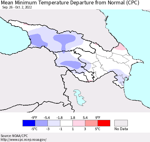 Azerbaijan, Armenia and Georgia Mean Minimum Temperature Departure from Normal (CPC) Thematic Map For 9/26/2022 - 10/2/2022