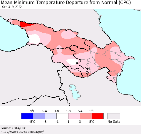 Azerbaijan, Armenia and Georgia Mean Minimum Temperature Departure from Normal (CPC) Thematic Map For 10/3/2022 - 10/9/2022