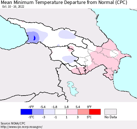 Azerbaijan, Armenia and Georgia Mean Minimum Temperature Departure from Normal (CPC) Thematic Map For 10/10/2022 - 10/16/2022