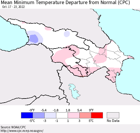 Azerbaijan, Armenia and Georgia Mean Minimum Temperature Departure from Normal (CPC) Thematic Map For 10/17/2022 - 10/23/2022