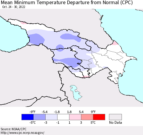 Azerbaijan, Armenia and Georgia Mean Minimum Temperature Departure from Normal (CPC) Thematic Map For 10/24/2022 - 10/30/2022