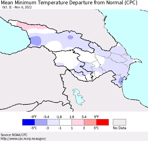 Azerbaijan, Armenia and Georgia Mean Minimum Temperature Departure from Normal (CPC) Thematic Map For 10/31/2022 - 11/6/2022