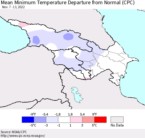 Azerbaijan, Armenia and Georgia Mean Minimum Temperature Departure from Normal (CPC) Thematic Map For 11/7/2022 - 11/13/2022