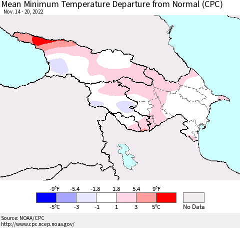 Azerbaijan, Armenia and Georgia Mean Minimum Temperature Departure from Normal (CPC) Thematic Map For 11/14/2022 - 11/20/2022
