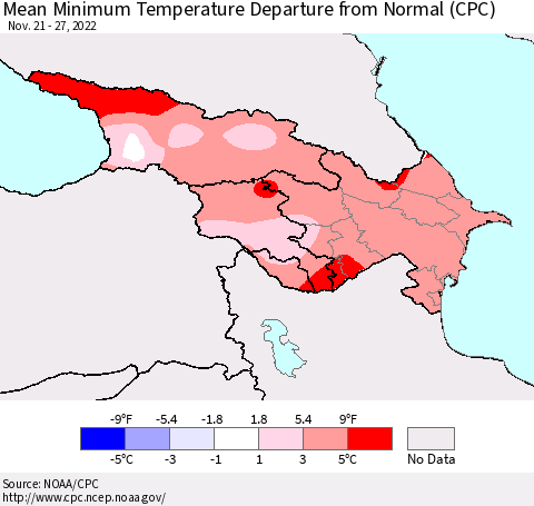 Azerbaijan, Armenia and Georgia Mean Minimum Temperature Departure from Normal (CPC) Thematic Map For 11/21/2022 - 11/27/2022