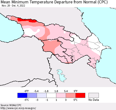 Azerbaijan, Armenia and Georgia Mean Minimum Temperature Departure from Normal (CPC) Thematic Map For 11/28/2022 - 12/4/2022