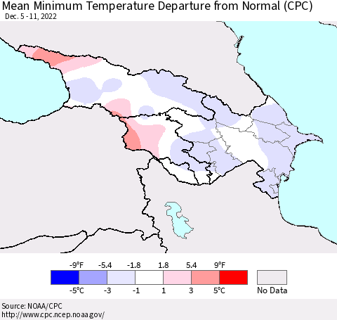 Azerbaijan, Armenia and Georgia Mean Minimum Temperature Departure from Normal (CPC) Thematic Map For 12/5/2022 - 12/11/2022
