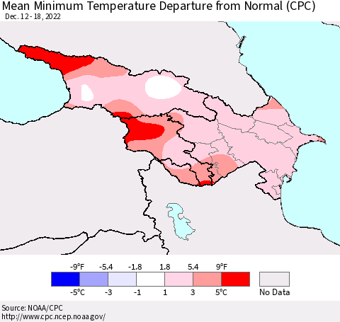 Azerbaijan, Armenia and Georgia Mean Minimum Temperature Departure from Normal (CPC) Thematic Map For 12/12/2022 - 12/18/2022