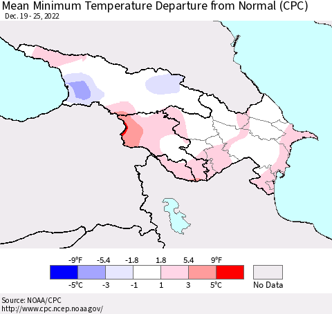 Azerbaijan, Armenia and Georgia Mean Minimum Temperature Departure from Normal (CPC) Thematic Map For 12/19/2022 - 12/25/2022