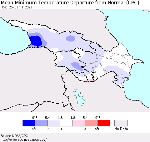 Azerbaijan, Armenia and Georgia Mean Minimum Temperature Departure from Normal (CPC) Thematic Map For 12/26/2022 - 1/1/2023