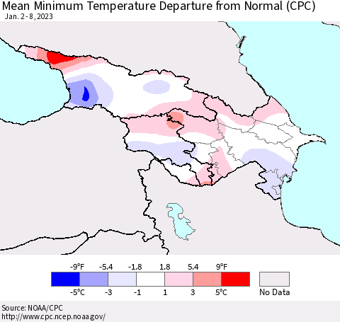 Azerbaijan, Armenia and Georgia Mean Minimum Temperature Departure from Normal (CPC) Thematic Map For 1/2/2023 - 1/8/2023