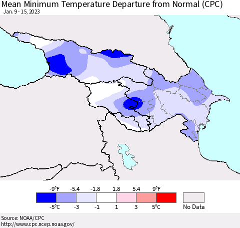 Azerbaijan, Armenia and Georgia Mean Minimum Temperature Departure from Normal (CPC) Thematic Map For 1/9/2023 - 1/15/2023