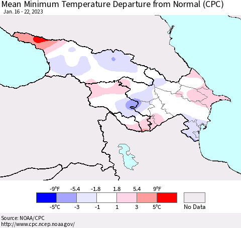 Azerbaijan, Armenia and Georgia Mean Minimum Temperature Departure from Normal (CPC) Thematic Map For 1/16/2023 - 1/22/2023