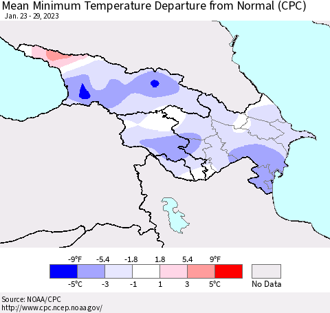 Azerbaijan, Armenia and Georgia Mean Minimum Temperature Departure from Normal (CPC) Thematic Map For 1/23/2023 - 1/29/2023