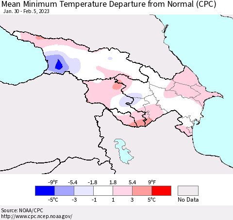 Azerbaijan, Armenia and Georgia Mean Minimum Temperature Departure from Normal (CPC) Thematic Map For 1/30/2023 - 2/5/2023