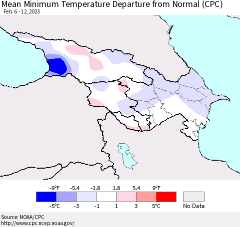Azerbaijan, Armenia and Georgia Mean Minimum Temperature Departure from Normal (CPC) Thematic Map For 2/6/2023 - 2/12/2023