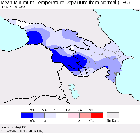 Azerbaijan, Armenia and Georgia Mean Minimum Temperature Departure from Normal (CPC) Thematic Map For 2/13/2023 - 2/19/2023