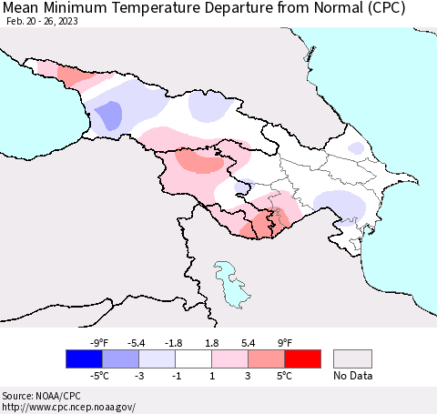 Azerbaijan, Armenia and Georgia Mean Minimum Temperature Departure from Normal (CPC) Thematic Map For 2/20/2023 - 2/26/2023