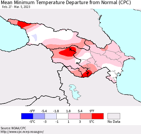 Azerbaijan, Armenia and Georgia Mean Minimum Temperature Departure from Normal (CPC) Thematic Map For 2/27/2023 - 3/5/2023