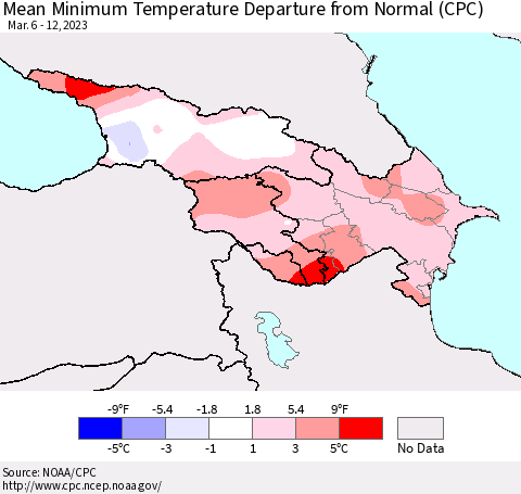 Azerbaijan, Armenia and Georgia Mean Minimum Temperature Departure from Normal (CPC) Thematic Map For 3/6/2023 - 3/12/2023