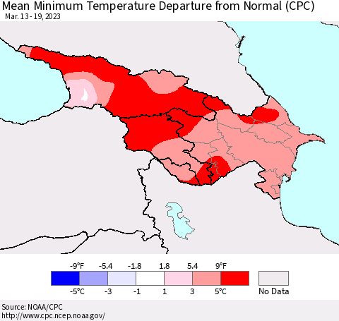 Azerbaijan, Armenia and Georgia Mean Minimum Temperature Departure from Normal (CPC) Thematic Map For 3/13/2023 - 3/19/2023