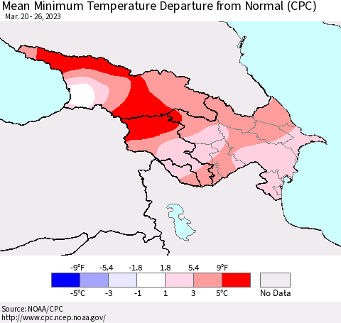Azerbaijan, Armenia and Georgia Mean Minimum Temperature Departure from Normal (CPC) Thematic Map For 3/20/2023 - 3/26/2023