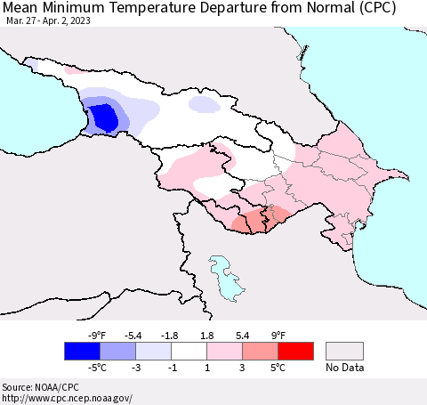 Azerbaijan, Armenia and Georgia Mean Minimum Temperature Departure from Normal (CPC) Thematic Map For 3/27/2023 - 4/2/2023
