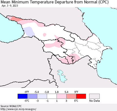 Azerbaijan, Armenia and Georgia Mean Minimum Temperature Departure from Normal (CPC) Thematic Map For 4/3/2023 - 4/9/2023