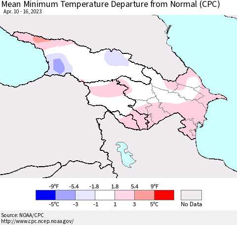 Azerbaijan, Armenia and Georgia Mean Minimum Temperature Departure from Normal (CPC) Thematic Map For 4/10/2023 - 4/16/2023