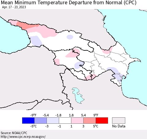 Azerbaijan, Armenia and Georgia Mean Minimum Temperature Departure from Normal (CPC) Thematic Map For 4/17/2023 - 4/23/2023