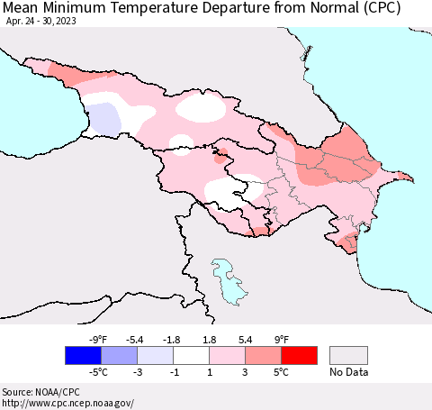 Azerbaijan, Armenia and Georgia Mean Minimum Temperature Departure from Normal (CPC) Thematic Map For 4/24/2023 - 4/30/2023