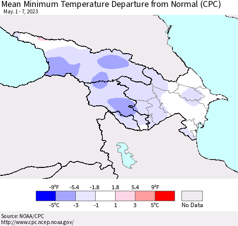 Azerbaijan, Armenia and Georgia Mean Minimum Temperature Departure from Normal (CPC) Thematic Map For 5/1/2023 - 5/7/2023