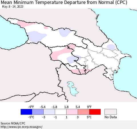 Azerbaijan, Armenia and Georgia Mean Minimum Temperature Departure from Normal (CPC) Thematic Map For 5/8/2023 - 5/14/2023
