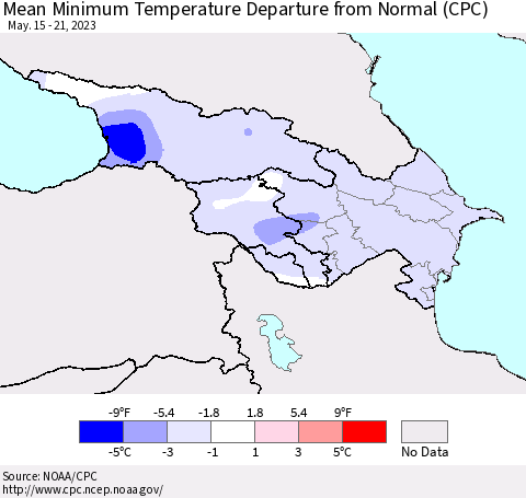 Azerbaijan, Armenia and Georgia Mean Minimum Temperature Departure from Normal (CPC) Thematic Map For 5/15/2023 - 5/21/2023
