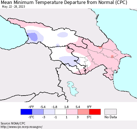 Azerbaijan, Armenia and Georgia Mean Minimum Temperature Departure from Normal (CPC) Thematic Map For 5/22/2023 - 5/28/2023