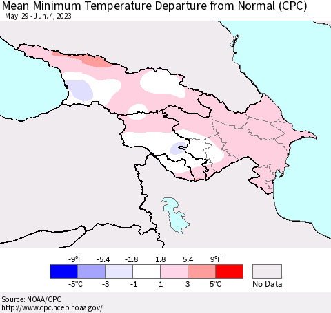 Azerbaijan, Armenia and Georgia Mean Minimum Temperature Departure from Normal (CPC) Thematic Map For 5/29/2023 - 6/4/2023