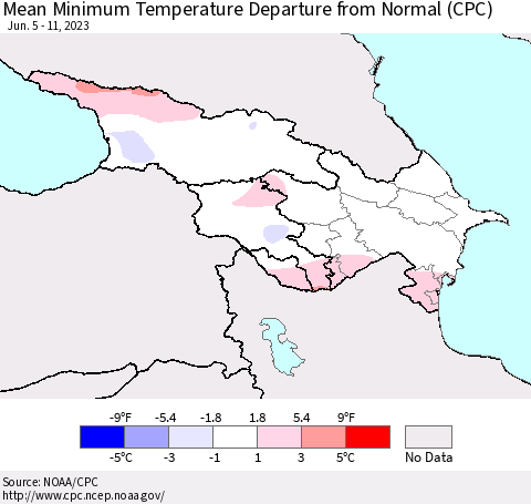 Azerbaijan, Armenia and Georgia Mean Minimum Temperature Departure from Normal (CPC) Thematic Map For 6/5/2023 - 6/11/2023