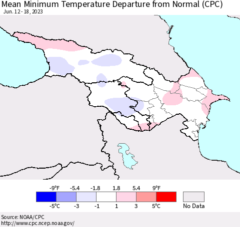 Azerbaijan, Armenia and Georgia Mean Minimum Temperature Departure from Normal (CPC) Thematic Map For 6/12/2023 - 6/18/2023