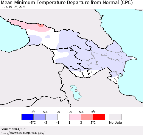 Azerbaijan, Armenia and Georgia Mean Minimum Temperature Departure from Normal (CPC) Thematic Map For 6/19/2023 - 6/25/2023