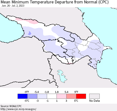 Azerbaijan, Armenia and Georgia Mean Minimum Temperature Departure from Normal (CPC) Thematic Map For 6/26/2023 - 7/2/2023
