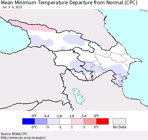 Azerbaijan, Armenia and Georgia Mean Minimum Temperature Departure from Normal (CPC) Thematic Map For 7/3/2023 - 7/9/2023