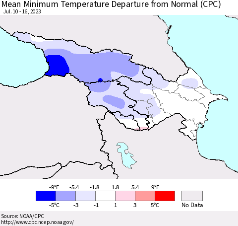 Azerbaijan, Armenia and Georgia Mean Minimum Temperature Departure from Normal (CPC) Thematic Map For 7/10/2023 - 7/16/2023