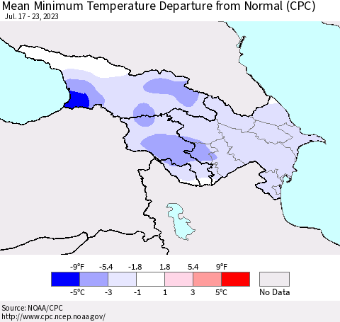 Azerbaijan, Armenia and Georgia Mean Minimum Temperature Departure from Normal (CPC) Thematic Map For 7/17/2023 - 7/23/2023