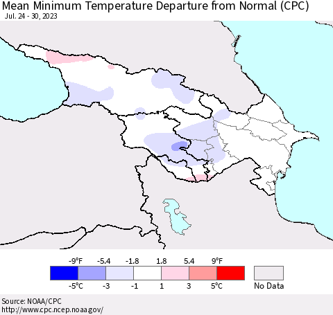 Azerbaijan, Armenia and Georgia Mean Minimum Temperature Departure from Normal (CPC) Thematic Map For 7/24/2023 - 7/30/2023