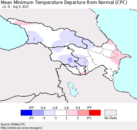 Azerbaijan, Armenia and Georgia Mean Minimum Temperature Departure from Normal (CPC) Thematic Map For 7/31/2023 - 8/6/2023