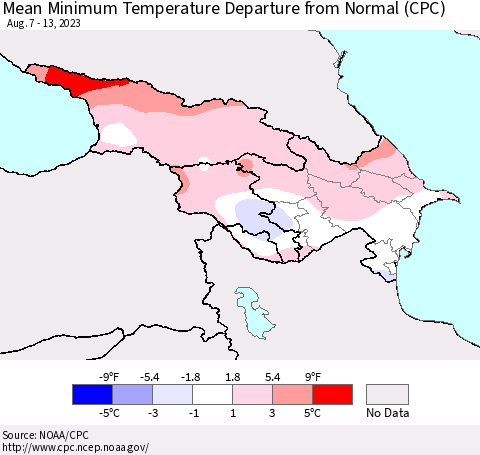 Azerbaijan, Armenia and Georgia Mean Minimum Temperature Departure from Normal (CPC) Thematic Map For 8/7/2023 - 8/13/2023