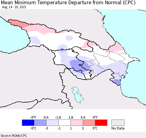 Azerbaijan, Armenia and Georgia Mean Minimum Temperature Departure from Normal (CPC) Thematic Map For 8/14/2023 - 8/20/2023